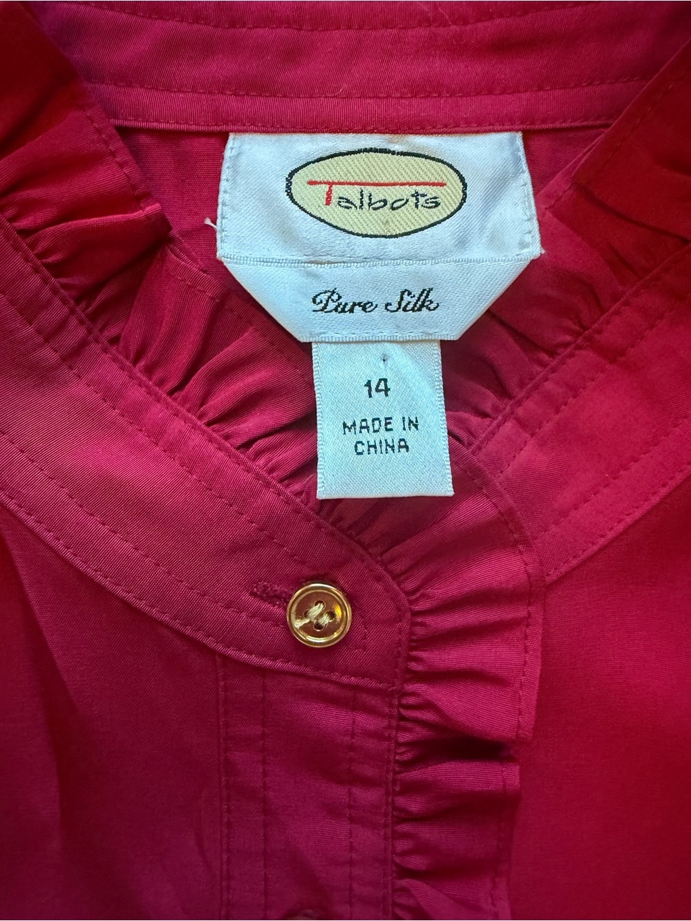 Talbots Red Sleeveless Ruffle Placket Top with Gold Buttons 100% Silk - Picture 2 of 6